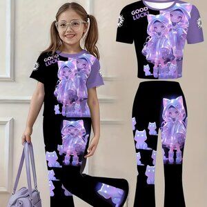 7-8Y Girls' Short-Sleeve / Long Pants T-Shirt and Pants Set Purple and Black